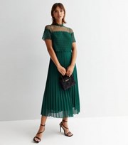 New Look Dark Green Lace Layer High Neck Short Sleeve Pleated Skirt Midi Dress